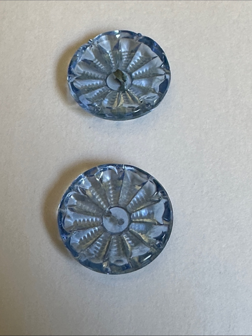 Two Vintage Czech Glass Buttons 3/4" Flower Design Blue w/Subtle Iridescence